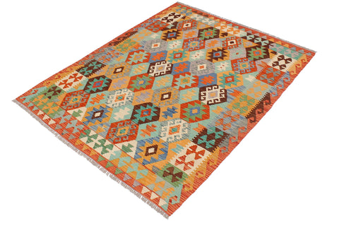 handmade Geometric Kilim Blue Rust Hand-Woven RECTANGLE 100% WOOL area rug 4 x 6