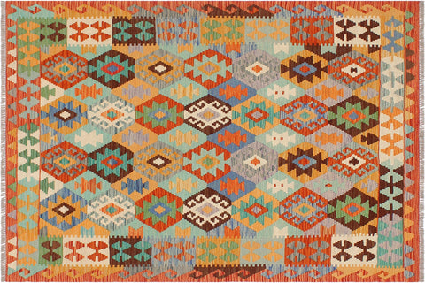 handmade Geometric Kilim Blue Rust Hand-Woven RECTANGLE 100% WOOL area rug 4 x 6