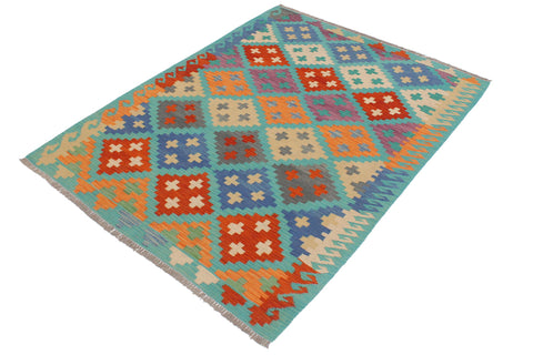 handmade Geometric Kilim Blue Rust Hand-Woven RECTANGLE 100% WOOL area rug 4 x 6