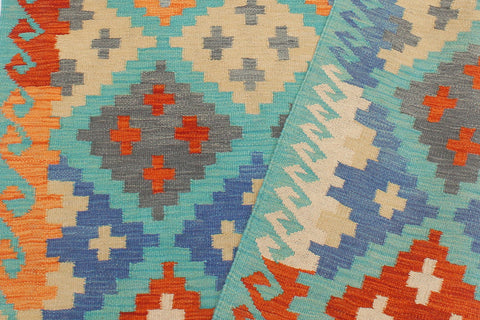 handmade Geometric Kilim Blue Rust Hand-Woven RECTANGLE 100% WOOL area rug 4 x 6