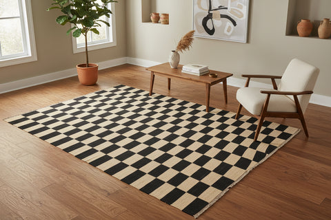 handmade Modern Kilim Beige Black Hand-Woven RECTANGLE 100% WOOL area rug 4 x 6