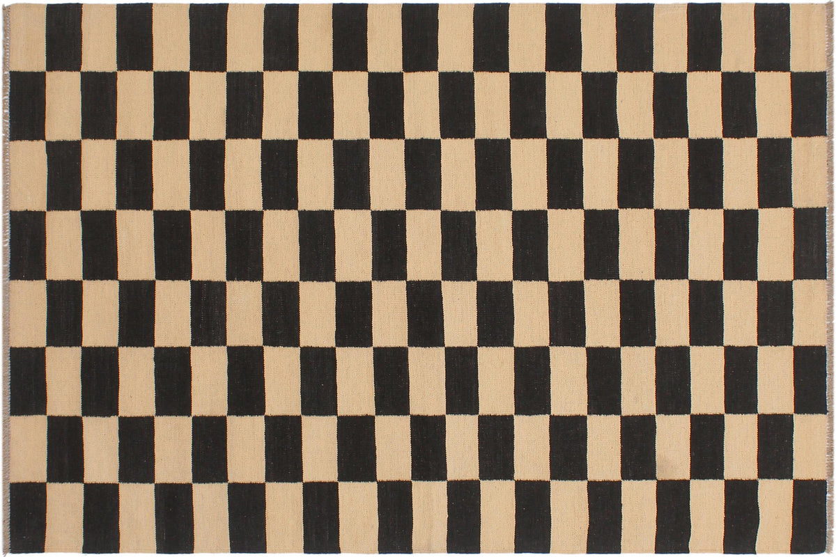 handmade Modern Kilim Beige Black Hand-Woven RECTANGLE 100% WOOL area rug 4 x 6