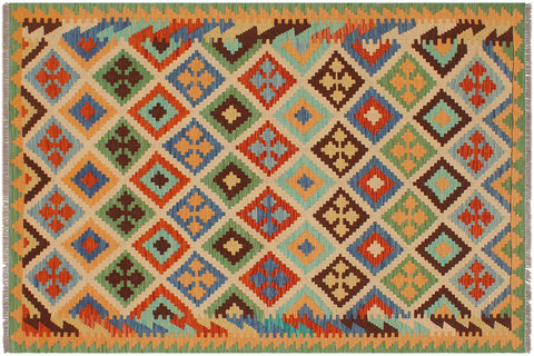 handmade Geometric Kilim Beige Green Hand-Woven RECTANGLE 100% WOOL area rug 4 x 6