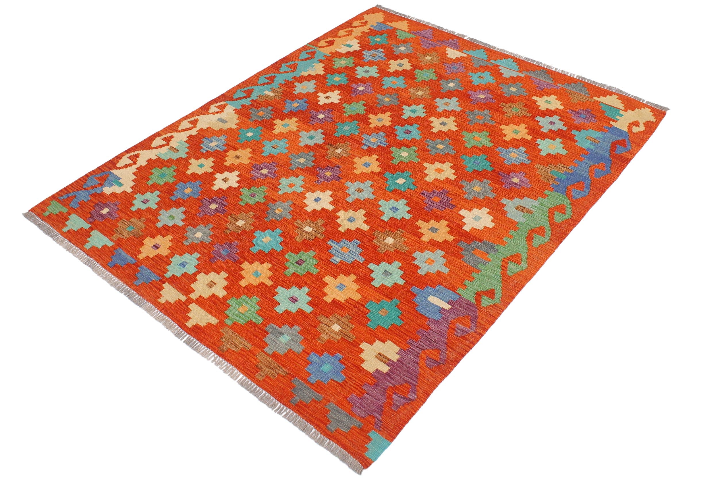 handmade Modern Kilim Rust Blue Hand-Woven RECTANGLE 100% WOOL area rug 5x7