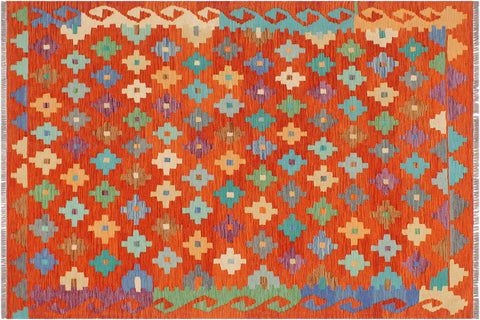 handmade Modern Kilim Rust Blue Hand-Woven RECTANGLE 100% WOOL area rug 5x7