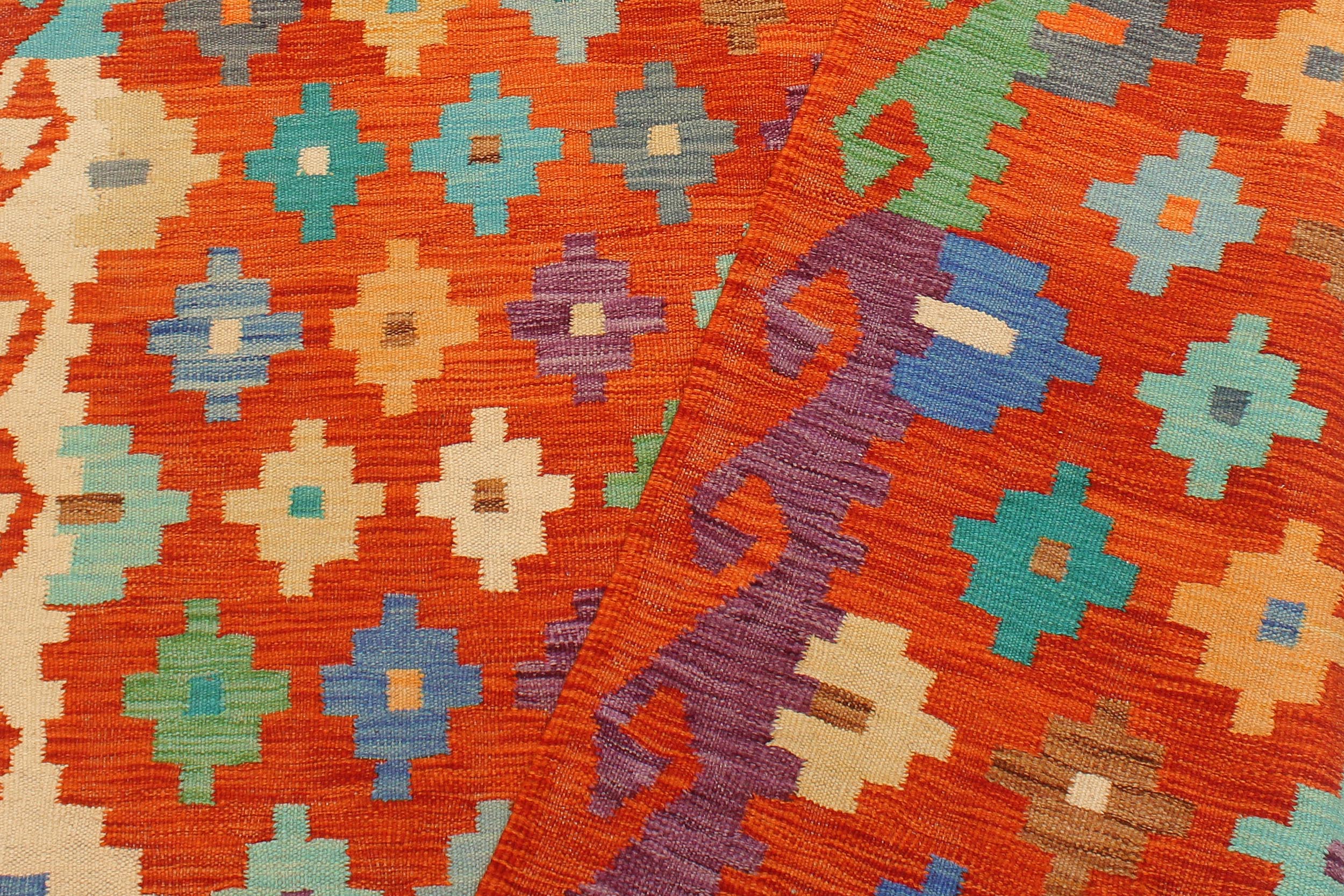 handmade Modern Kilim Rust Blue Hand-Woven RECTANGLE 100% WOOL area rug 5x7