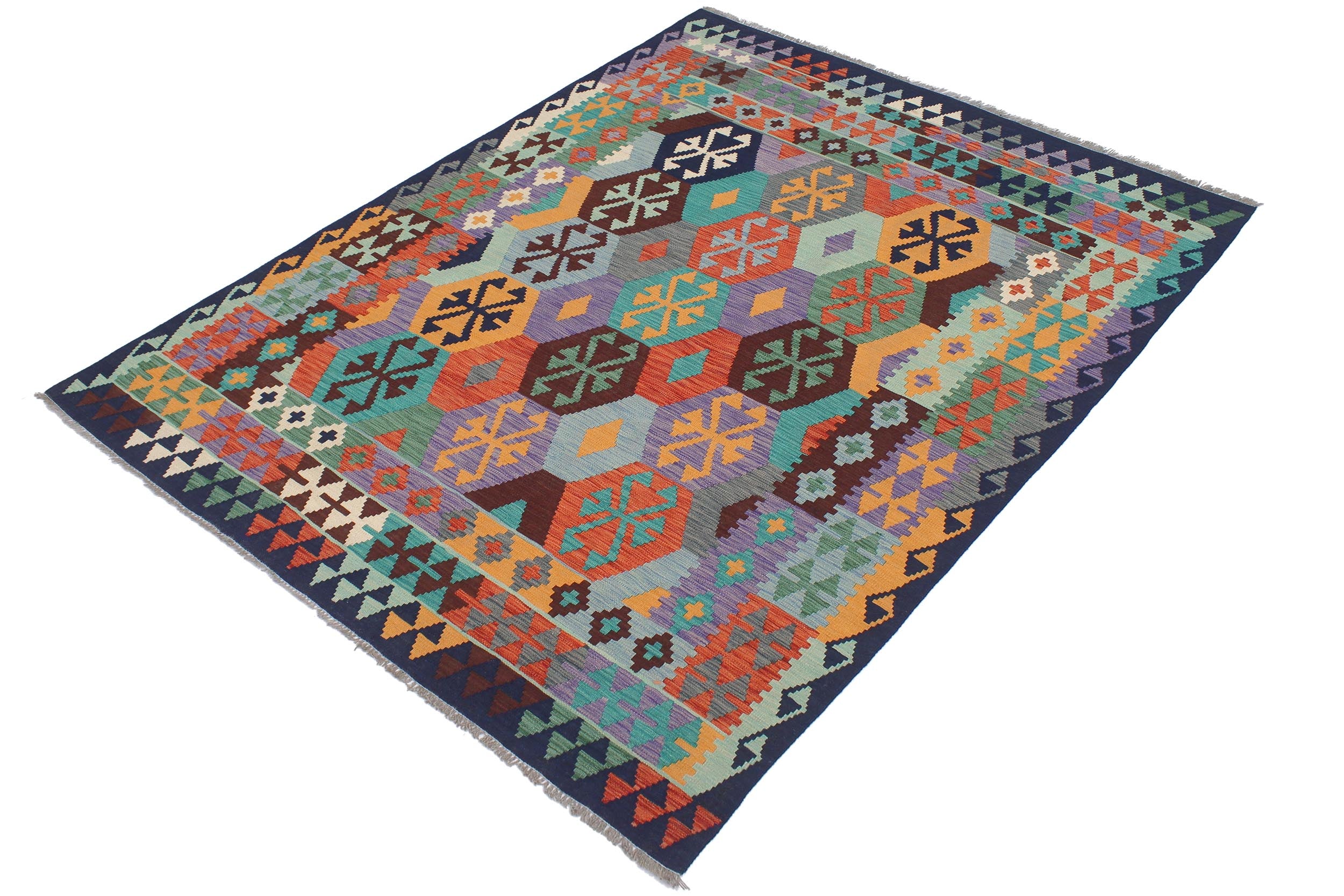 handmade Geometric Kilim Rust Blue Hand-Woven RECTANGLE 100% WOOL area rug 6 x 8