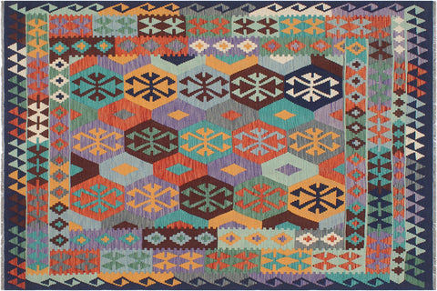 handmade Geometric Kilim Rust Blue Hand-Woven RECTANGLE 100% WOOL area rug 6 x 8