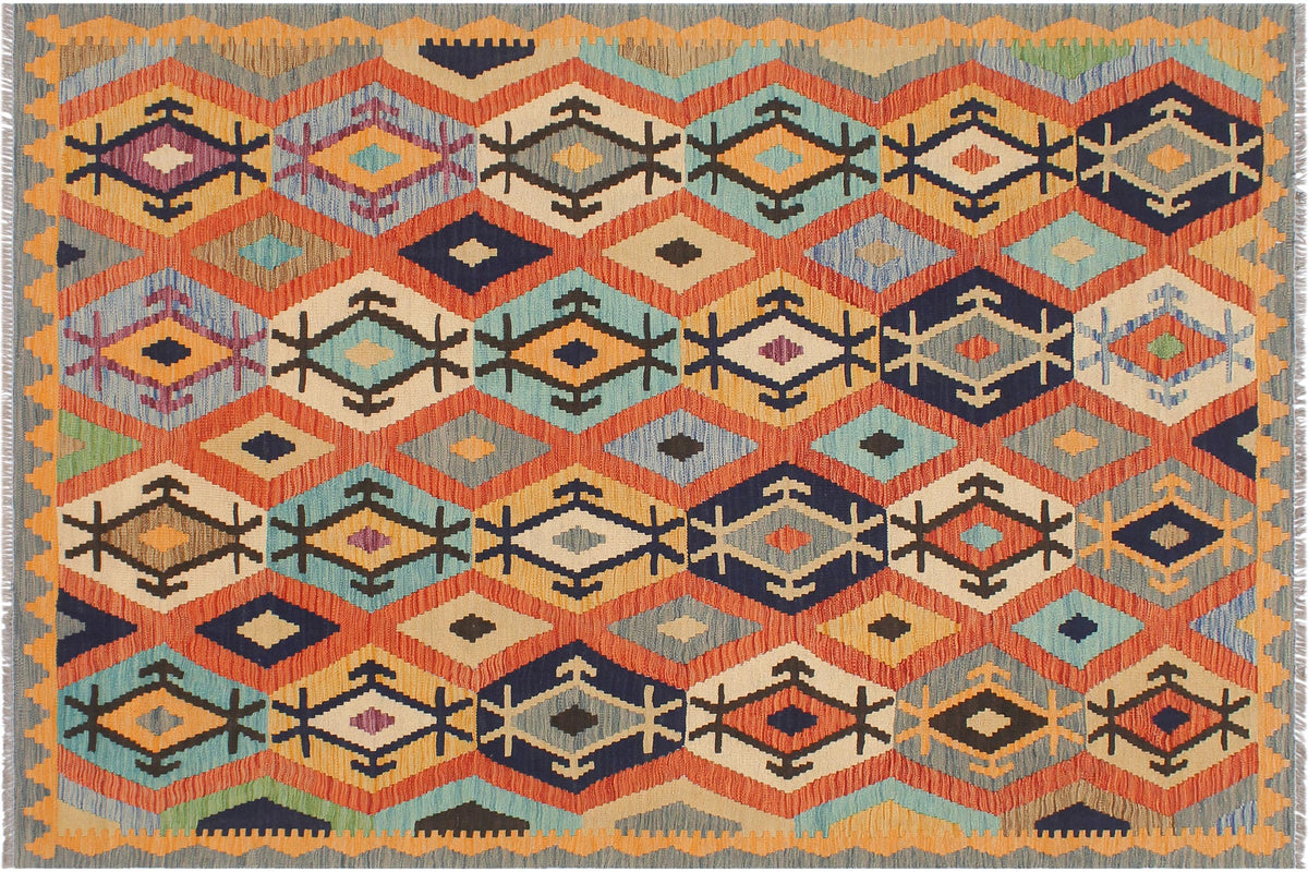 handmade Geometric Kilim Rust Blue Hand-Woven RECTANGLE 100% WOOL area rug 5 x 7