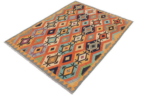 handmade Geometric Kilim Rust Blue Hand-Woven RECTANGLE 100% WOOL area rug 5 x 7