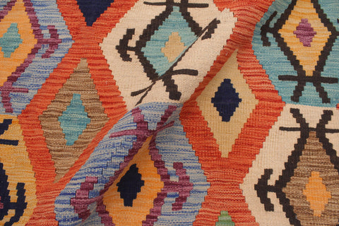 handmade Geometric Kilim Rust Blue Hand-Woven RECTANGLE 100% WOOL area rug 5 x 7