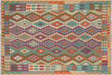 Flat Weave Kilim, Antique, Navaho, Vintage, Handmade, Geometric Kilim Rust Blue Hand-Woven Rectangle 100% Wool Area Rug 6 x 8