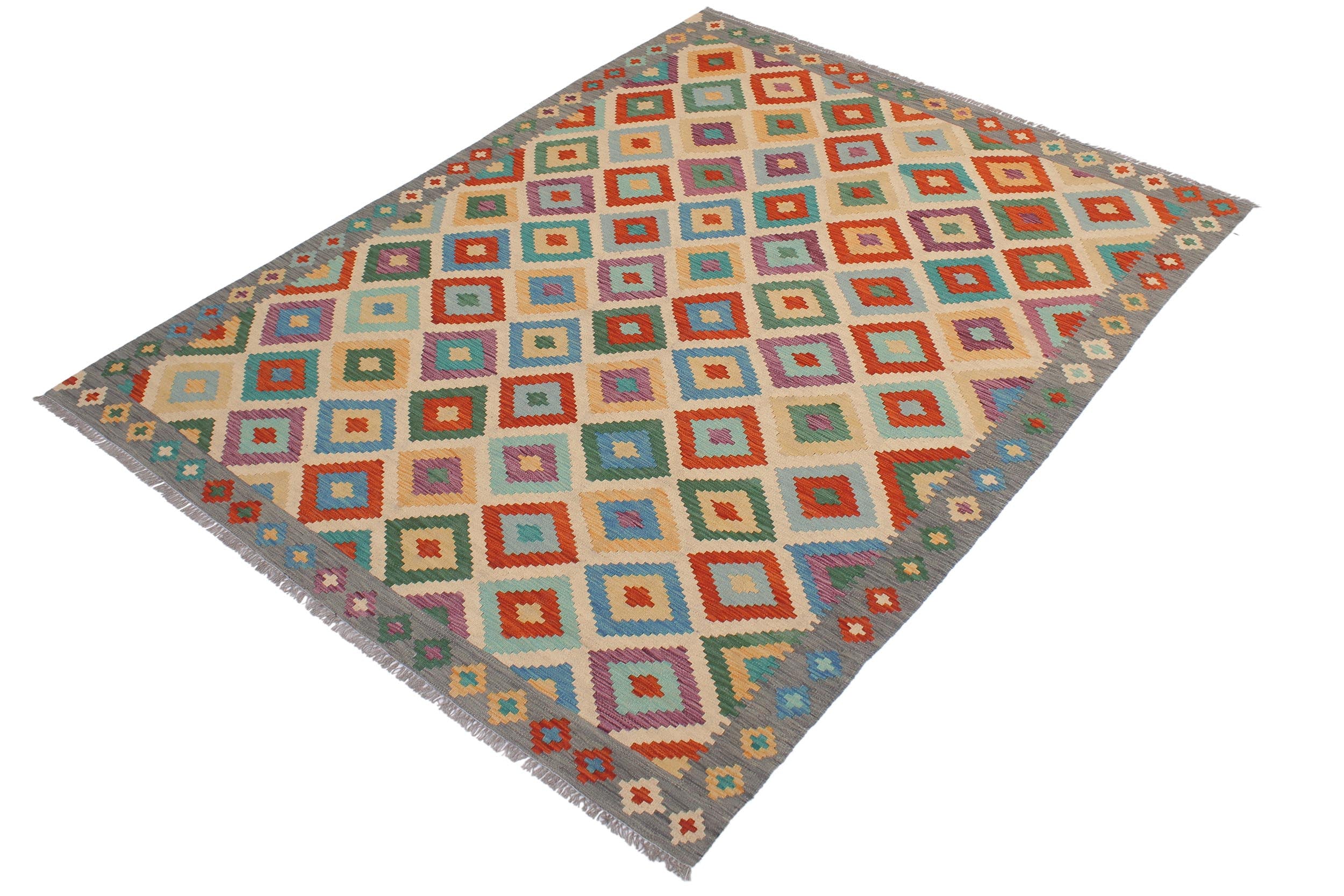 handmade Geometric Kilim Beige Gray Hand-Woven RECTANGLE 100% WOOL area rug 6 x 8