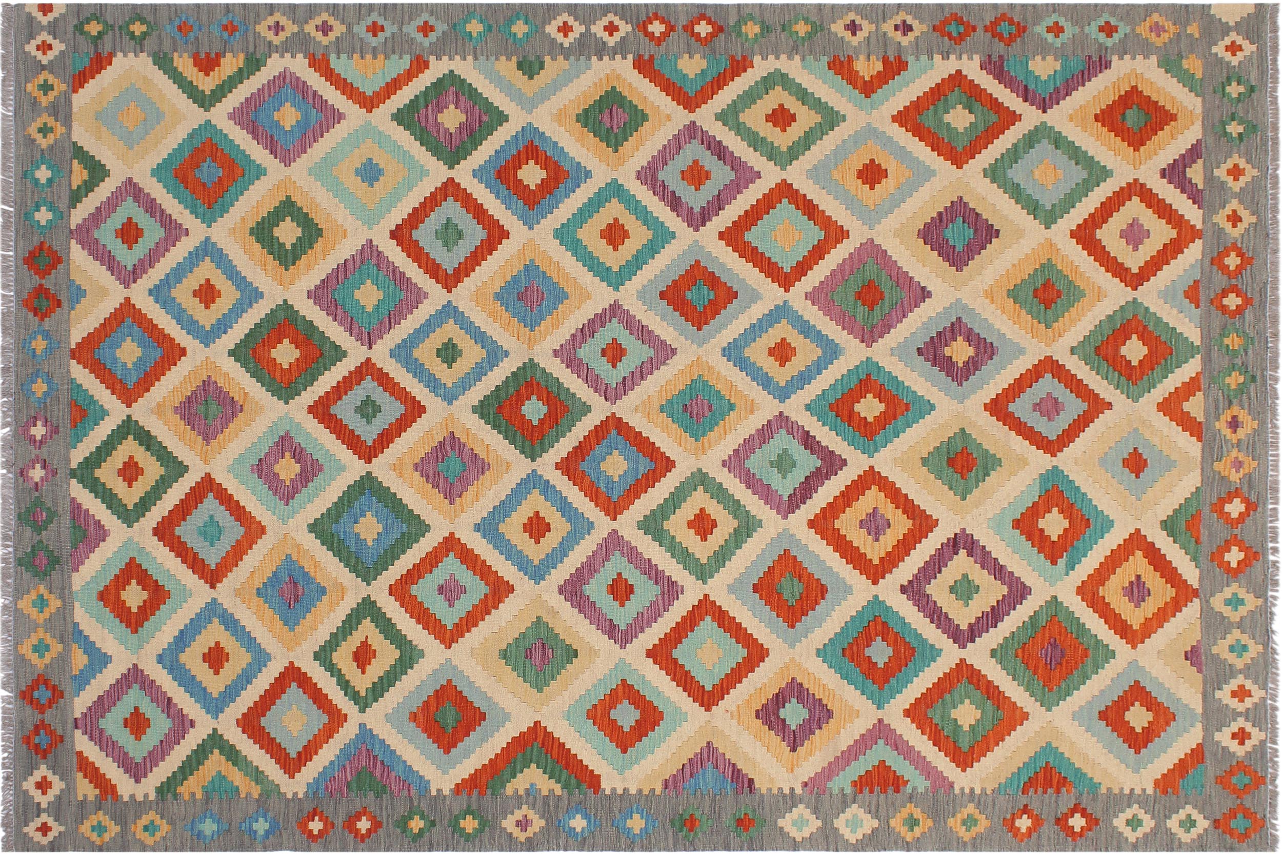 handmade Geometric Kilim Beige Gray Hand-Woven RECTANGLE 100% WOOL area rug 6 x 8