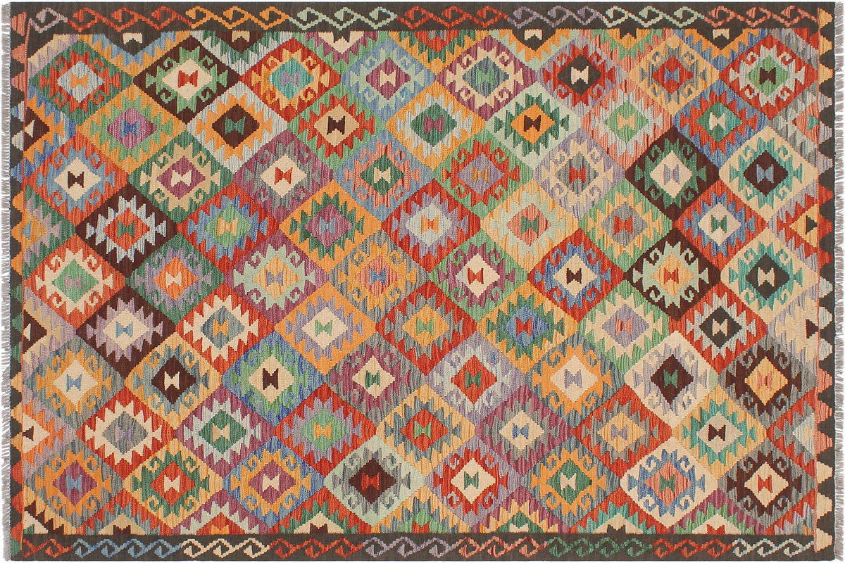 handmade Geometric Kilim Blue Brown Hand-Woven RECTANGLE 100% WOOL area rug 5x6
