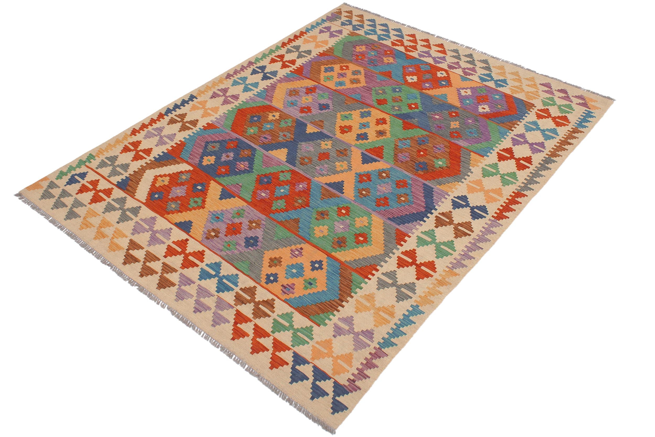 handmade Geometric Kilim Blue Beige Hand-Woven RECTANGLE 100% WOOL area rug 6 x 8