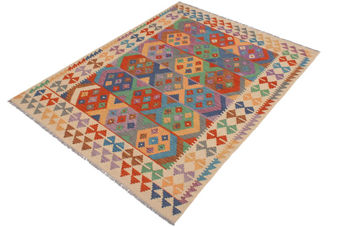 handmade Geometric Kilim Blue Beige Hand-Woven RECTANGLE 100% WOOL area rug 6 x 8