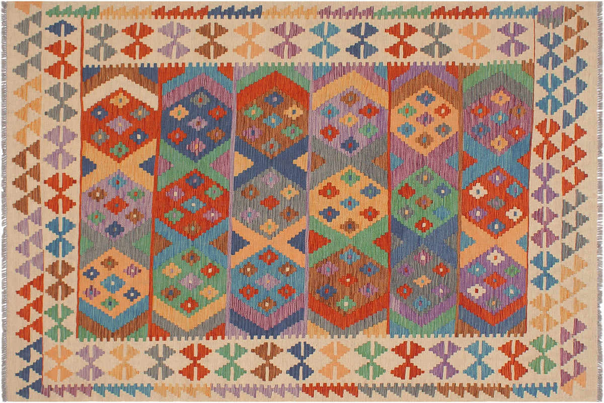 handmade Geometric Kilim Blue Beige Hand-Woven RECTANGLE 100% WOOL area rug 6 x 8