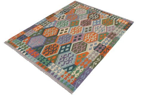 handmade Geometric Kilim Blue Beige Hand-Woven RECTANGLE 100% WOOL area rug 5x6