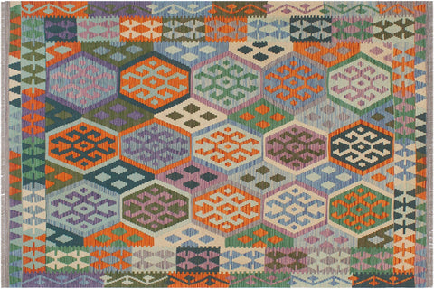 handmade Geometric Kilim Blue Beige Hand-Woven RECTANGLE 100% WOOL area rug 5x6