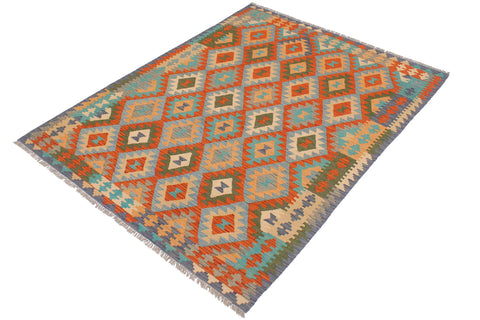 handmade Geometric Kilim Rust Blue Hand-Woven RECTANGLE 100% WOOL area rug 5 x 7