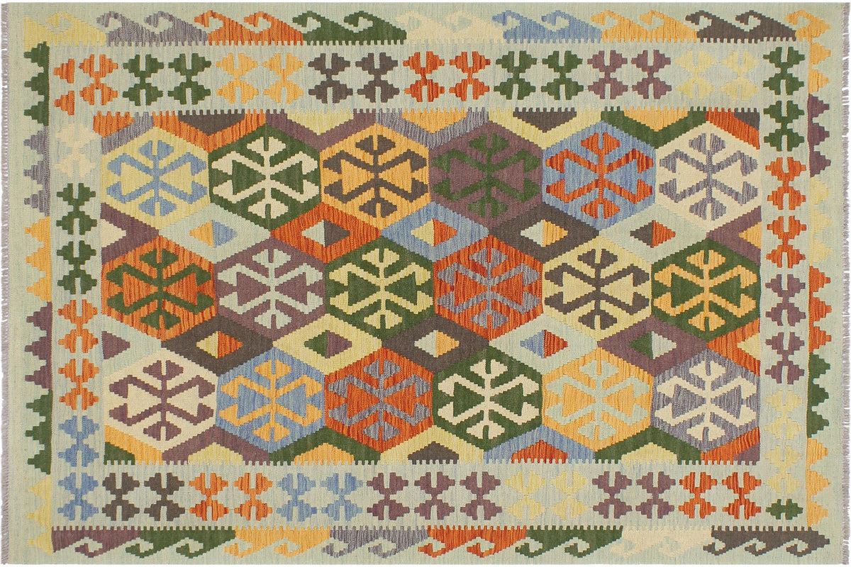 handmade Geometric Kilim Rust Blue Hand-Woven RECTANGLE 100% WOOL area rug 5 x 7