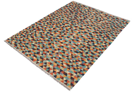 handmade Modern Kilim Blue Rust Hand-Woven RECTANGLE 100% WOOL area rug 5 x 6