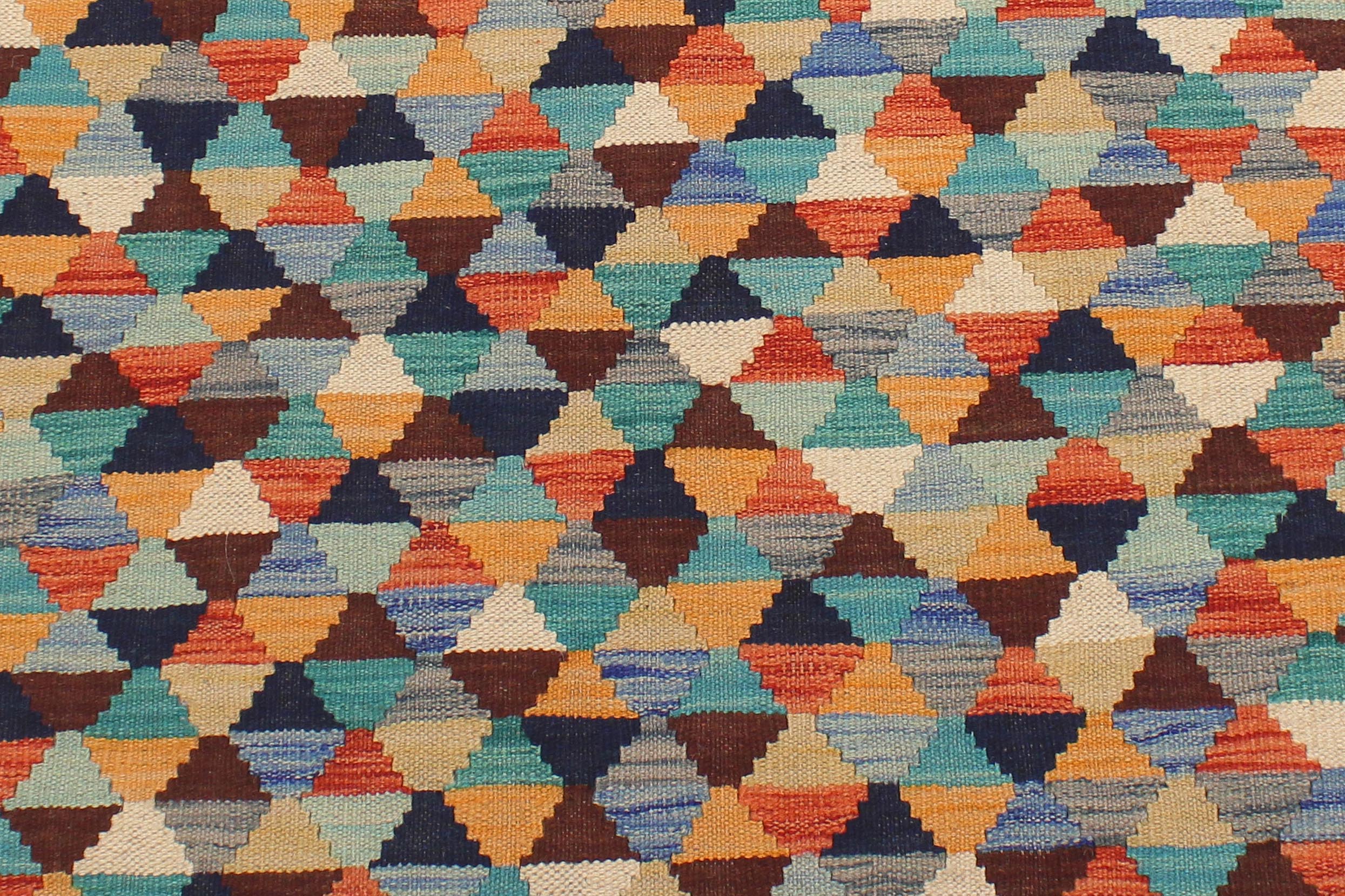 handmade Modern Kilim Blue Rust Hand-Woven RECTANGLE 100% WOOL area rug 5 x 6