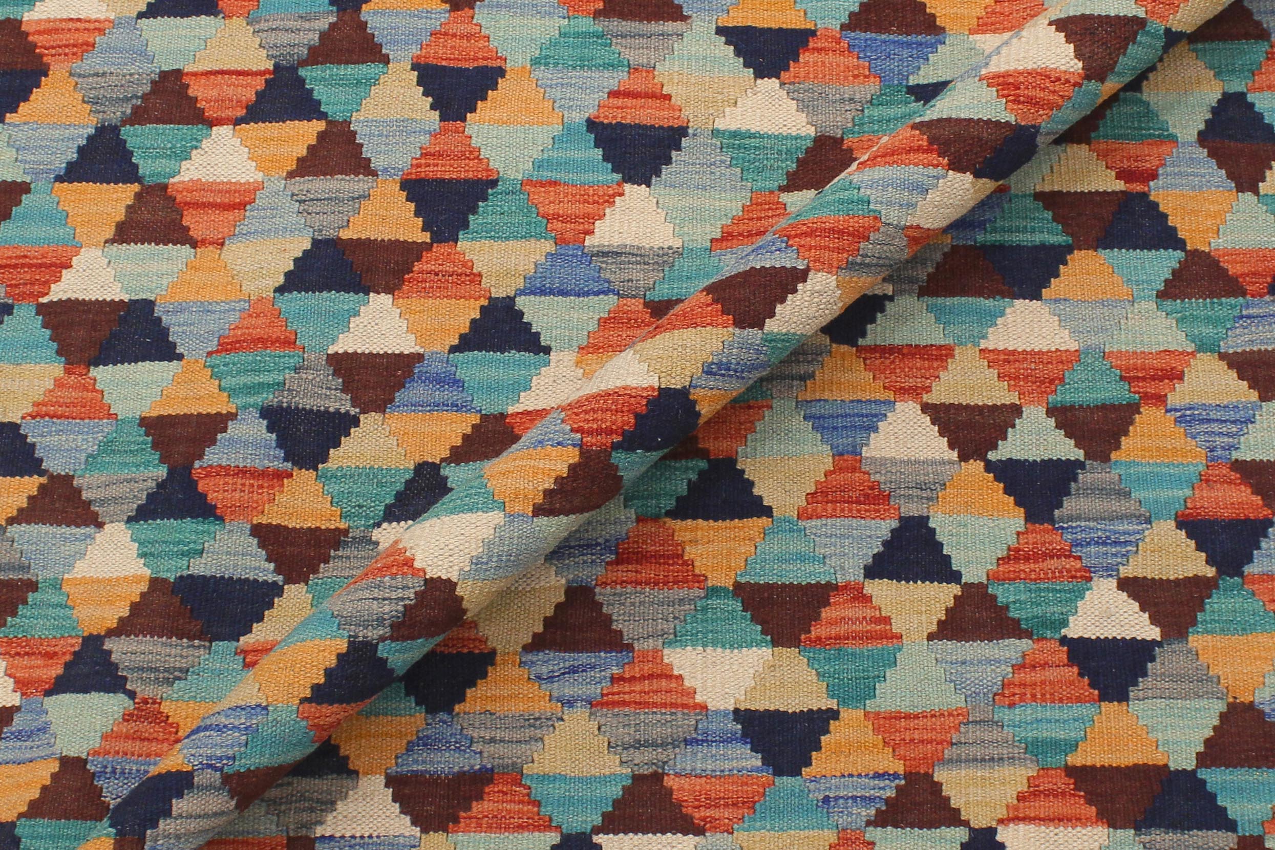 handmade Modern Kilim Blue Rust Hand-Woven RECTANGLE 100% WOOL area rug 5 x 6