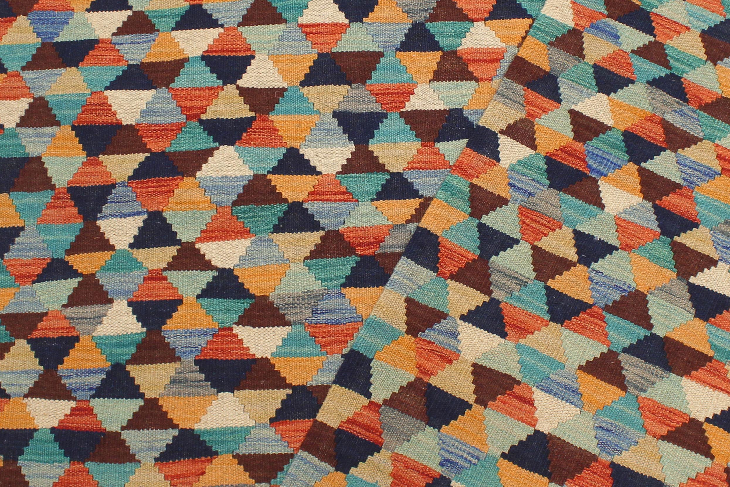 handmade Modern Kilim Blue Rust Hand-Woven RECTANGLE 100% WOOL area rug 5 x 6