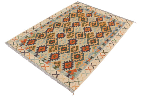 handmade Geometric Kilim Blue Beige Hand-Woven RECTANGLE 100% WOOL area rug 5 x 7