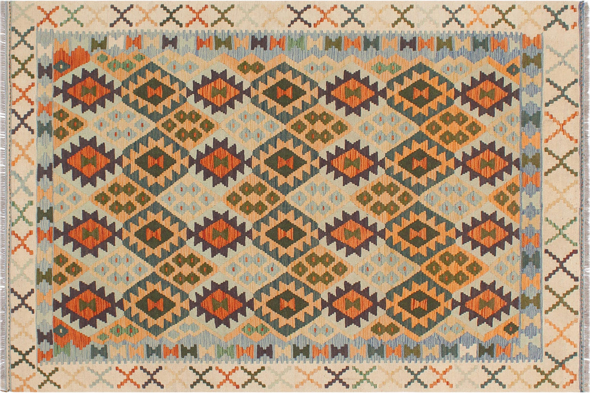 handmade Geometric Kilim Blue Beige Hand-Woven RECTANGLE 100% WOOL area rug 5 x 7