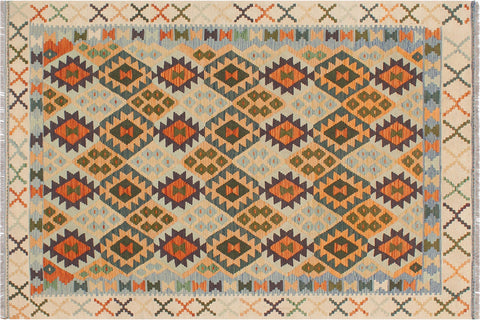 handmade Geometric Kilim Blue Beige Hand-Woven RECTANGLE 100% WOOL area rug 5 x 7