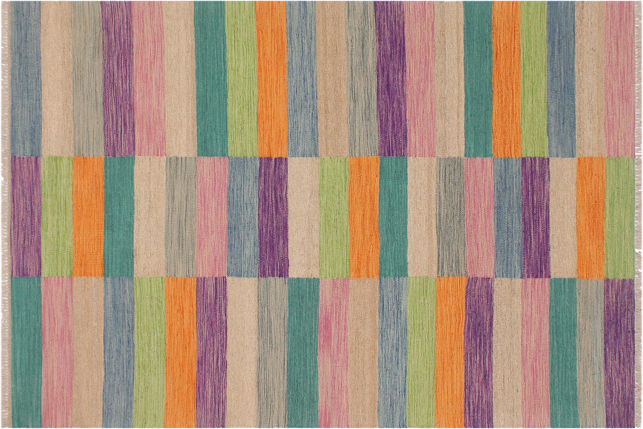 handmade Modern Kilim Blue Brown Hand-Woven RECTANGLE 100% WOOL area rug 5x7