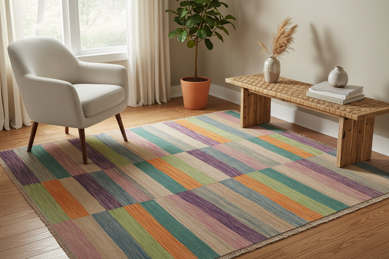 handmade Modern Kilim Green Blue Hand-Woven RECTANGLE 100% WOOL area rug 4x6