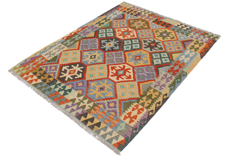 handmade Geometric Kilim Rust Blue Hand-Woven RECTANGLE 100% WOOL area rug 5x6