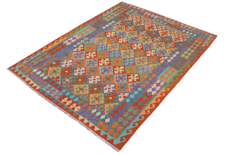 handmade Geometric Kilim Rust Blue Hand-Woven RECTANGLE 100% WOOL area rug 6 x 8