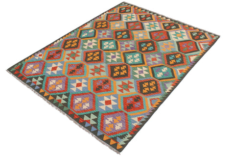 handmade Geometric Kilim Rust Green Hand-Woven RECTANGLE 100% WOOL area rug 6 x 8