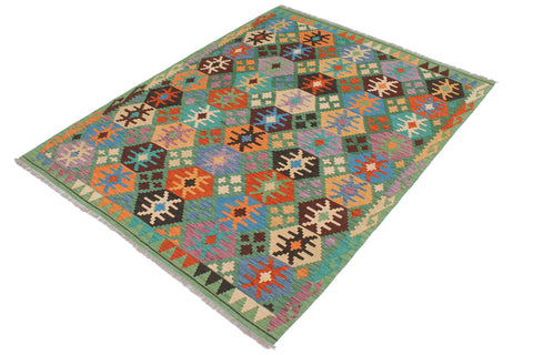 handmade Geometric Kilim Green Blue Hand-Woven RECTANGLE 100% WOOL area rug 5 x 7