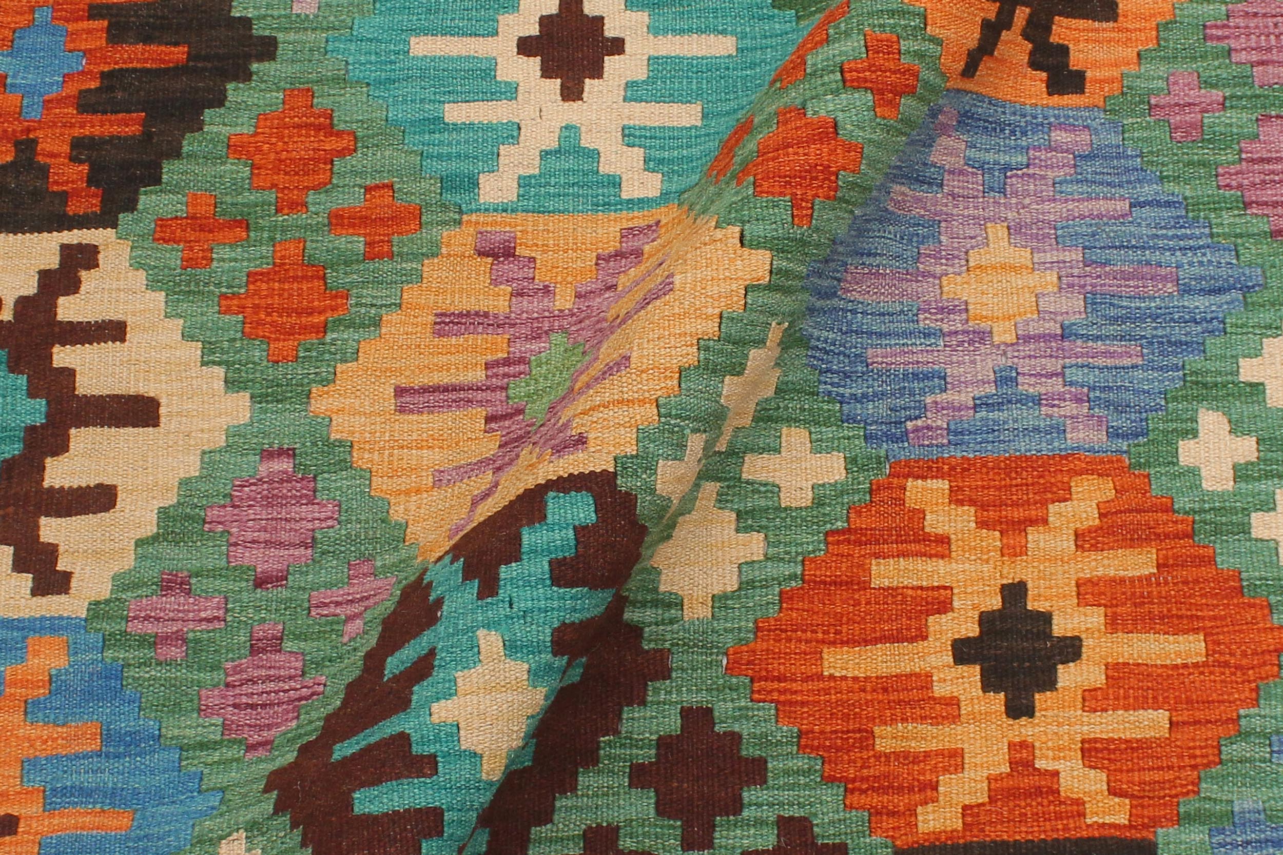 handmade Geometric Kilim Green Blue Hand-Woven RECTANGLE 100% WOOL area rug 5 x 7