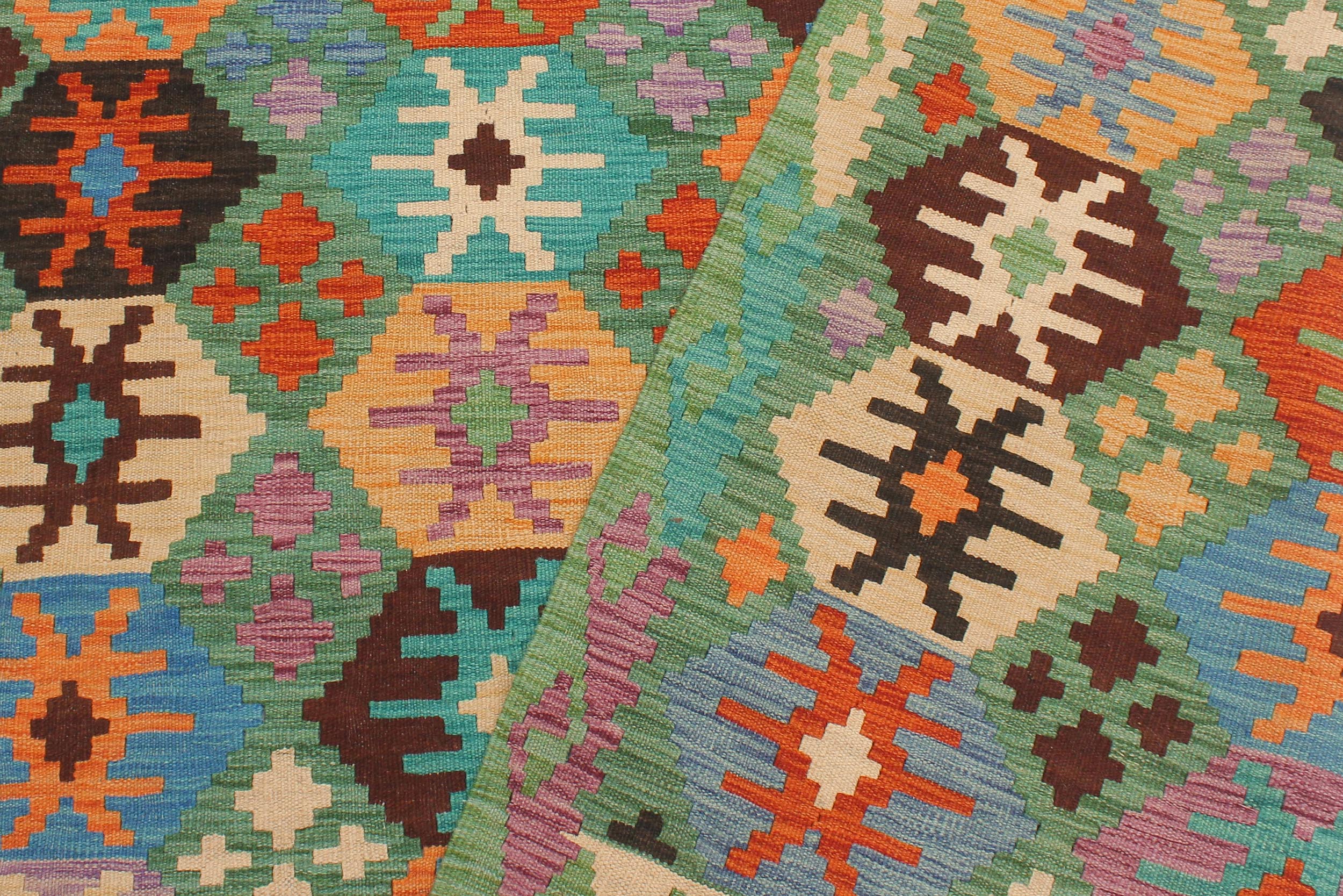 handmade Geometric Kilim Green Blue Hand-Woven RECTANGLE 100% WOOL area rug 5 x 7