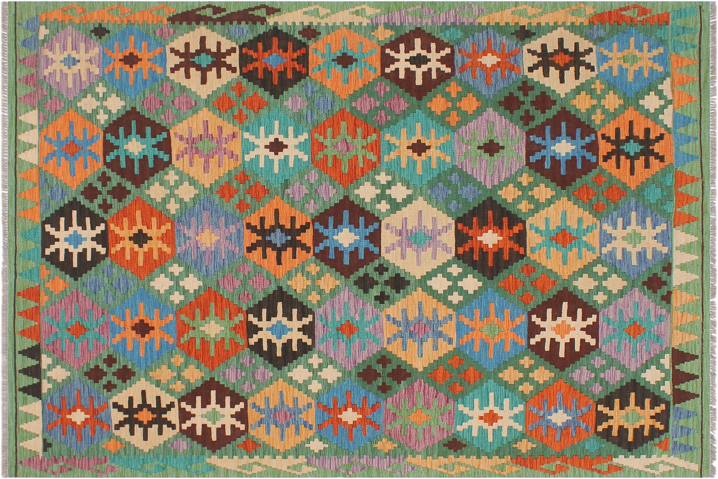 handmade Geometric Kilim Green Blue Hand-Woven RECTANGLE 100% WOOL area rug 5 x 7