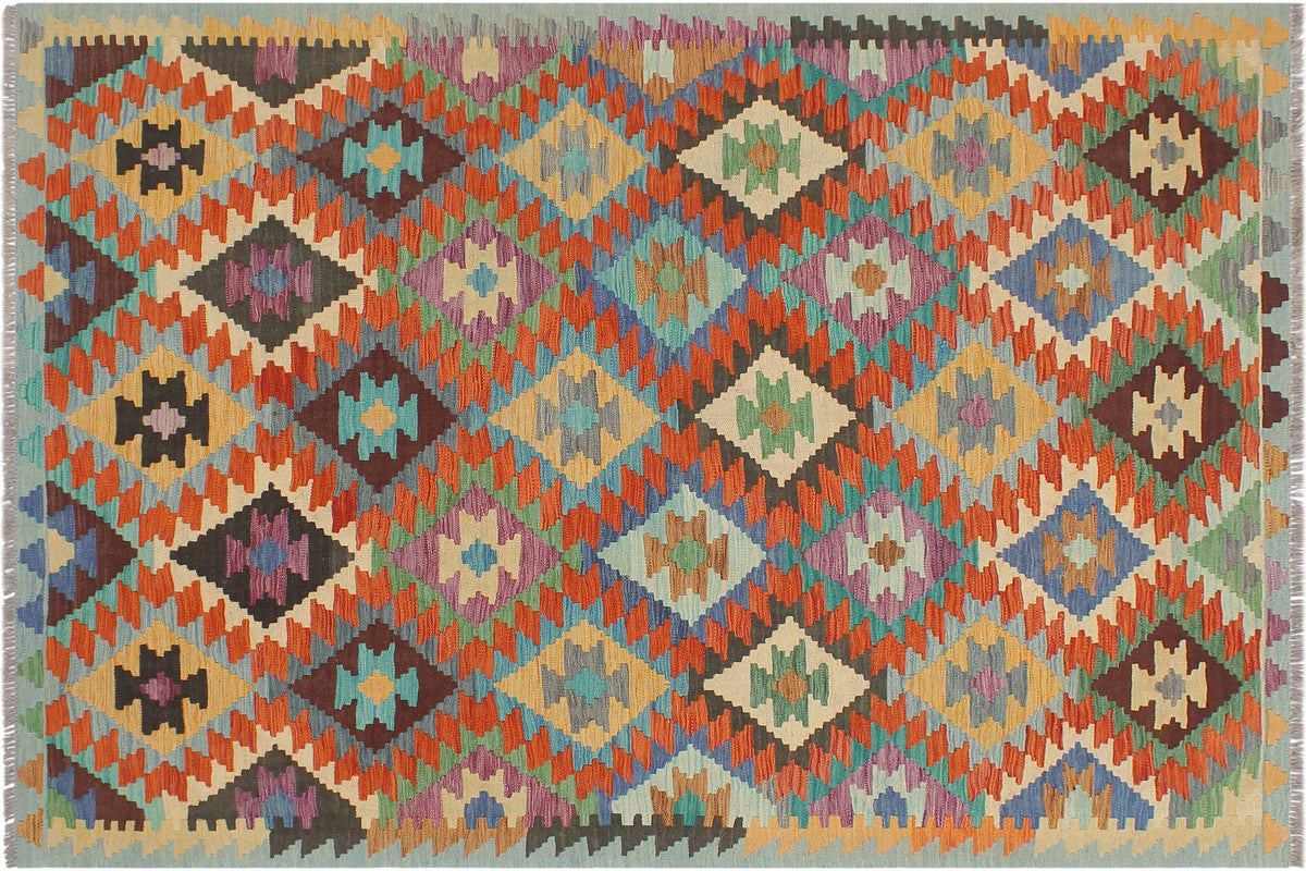handmade Geometric Kilim Rust Blue Hand-Woven RECTANGLE 100% WOOL area rug 5x6