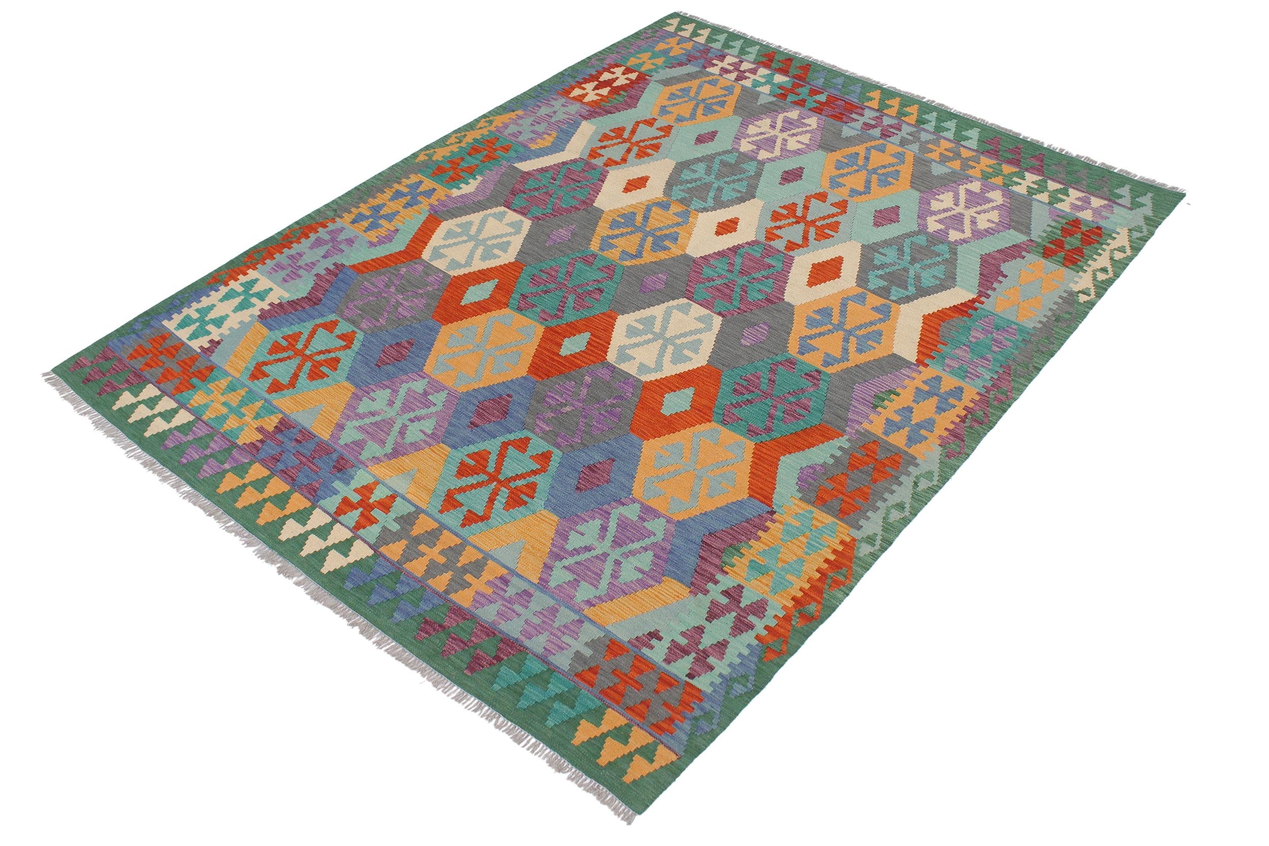 handmade Geometric Kilim Gray Green Hand-Woven RECTANGLE 100% WOOL area rug 6 x 8