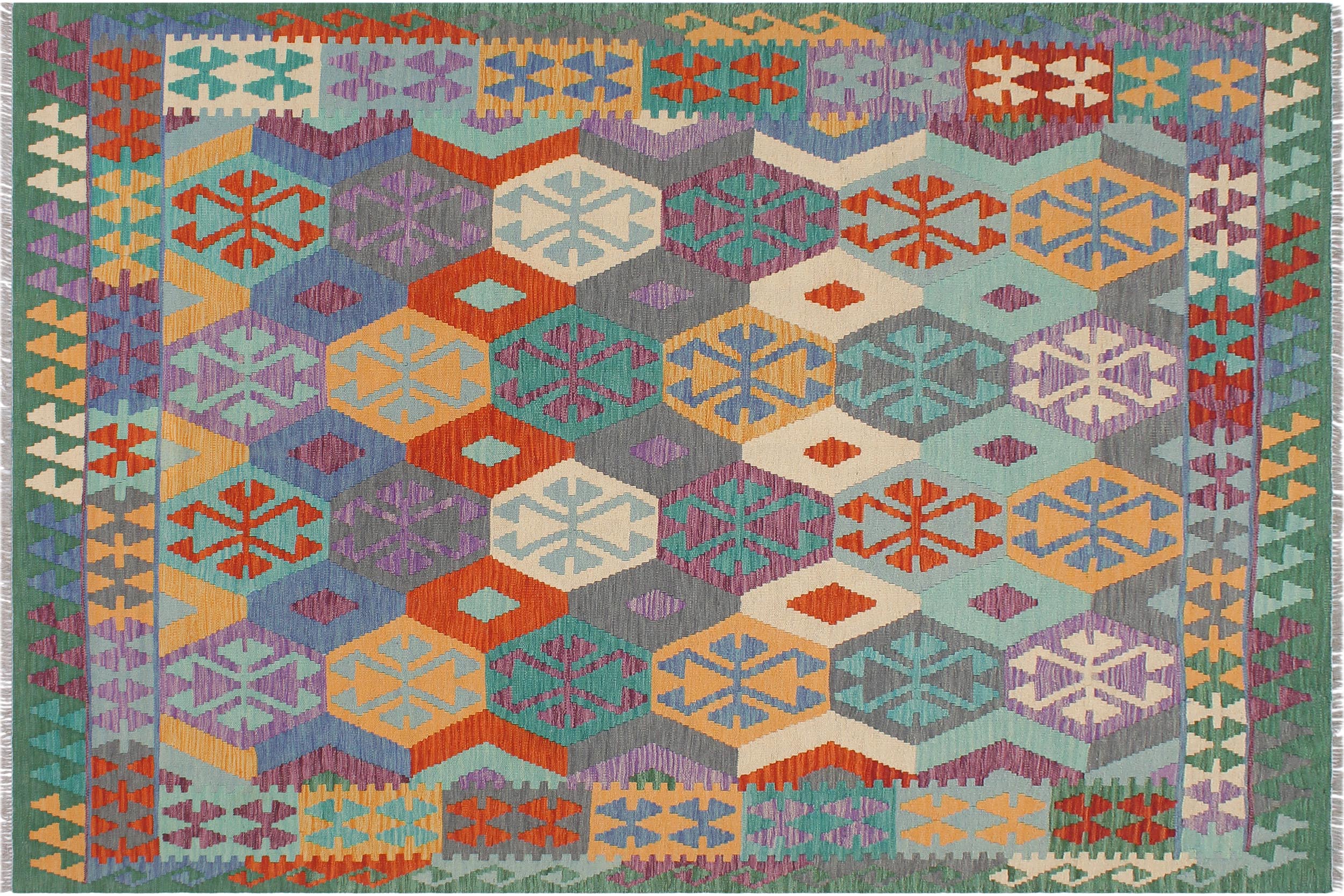 handmade Geometric Kilim Gray Green Hand-Woven RECTANGLE 100% WOOL area rug 6 x 8