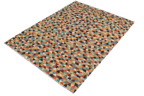 handmade Modern Kilim Blue Rust Hand-Woven RECTANGLE 100% WOOL area rug 5 x 6