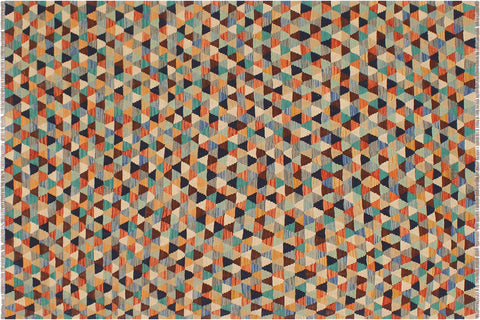 handmade Modern Kilim Blue Rust Hand-Woven RECTANGLE 100% WOOL area rug 5 x 6