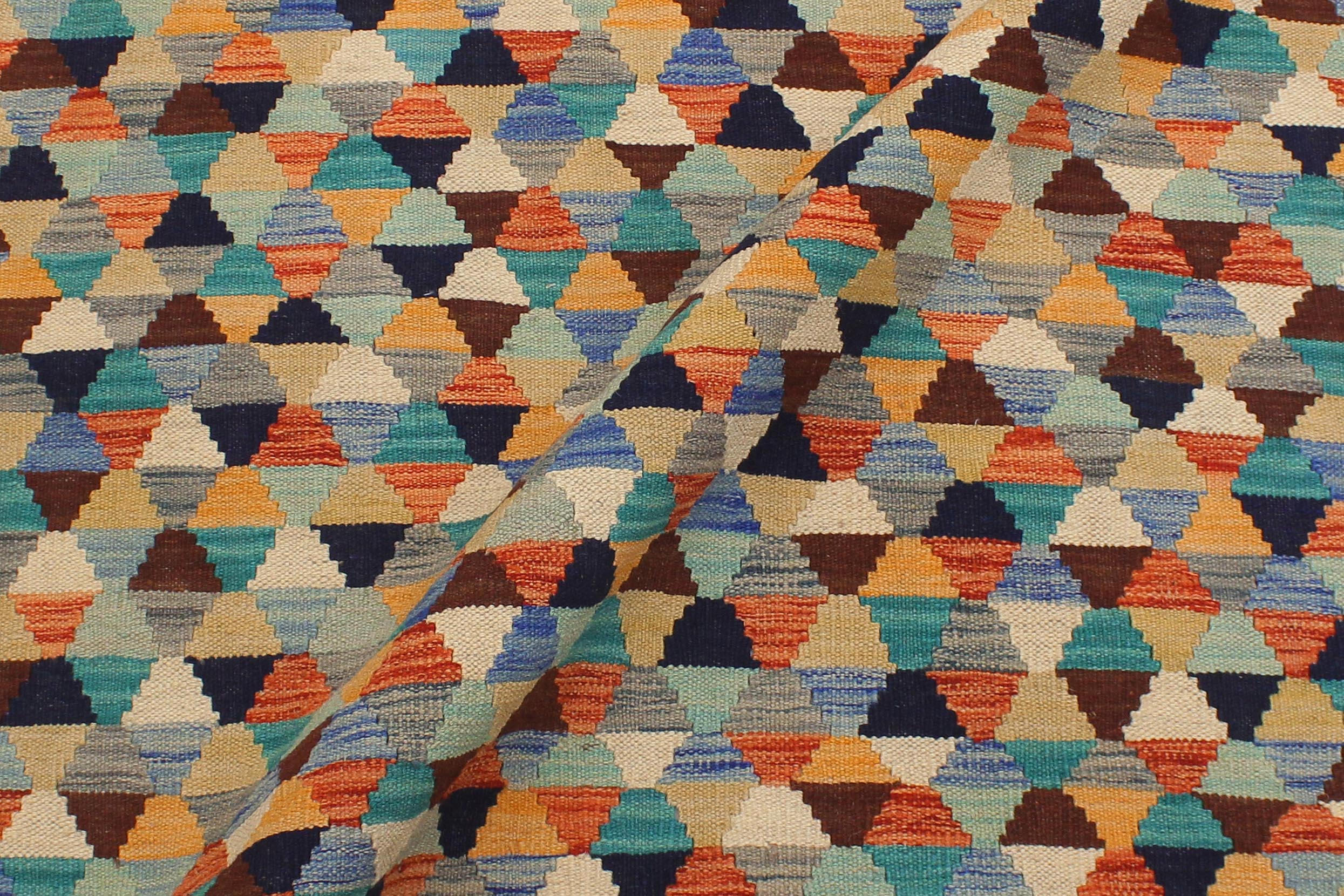 handmade Modern Kilim Blue Rust Hand-Woven RECTANGLE 100% WOOL area rug 5 x 6