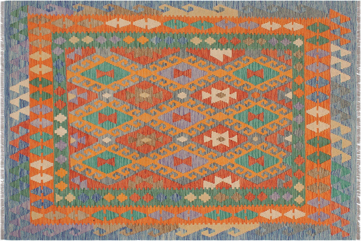 handmade Geometric Kilim Gray Blue Hand-Woven RECTANGLE 100% WOOL area rug 5 x 7