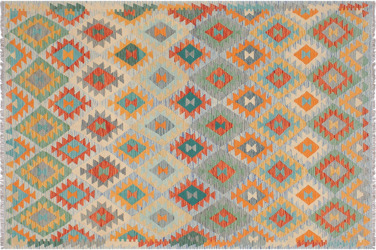 handmade Geometric Kilim Rust Blue Hand-Woven RECTANGLE 100% WOOL area rug 5 x 7